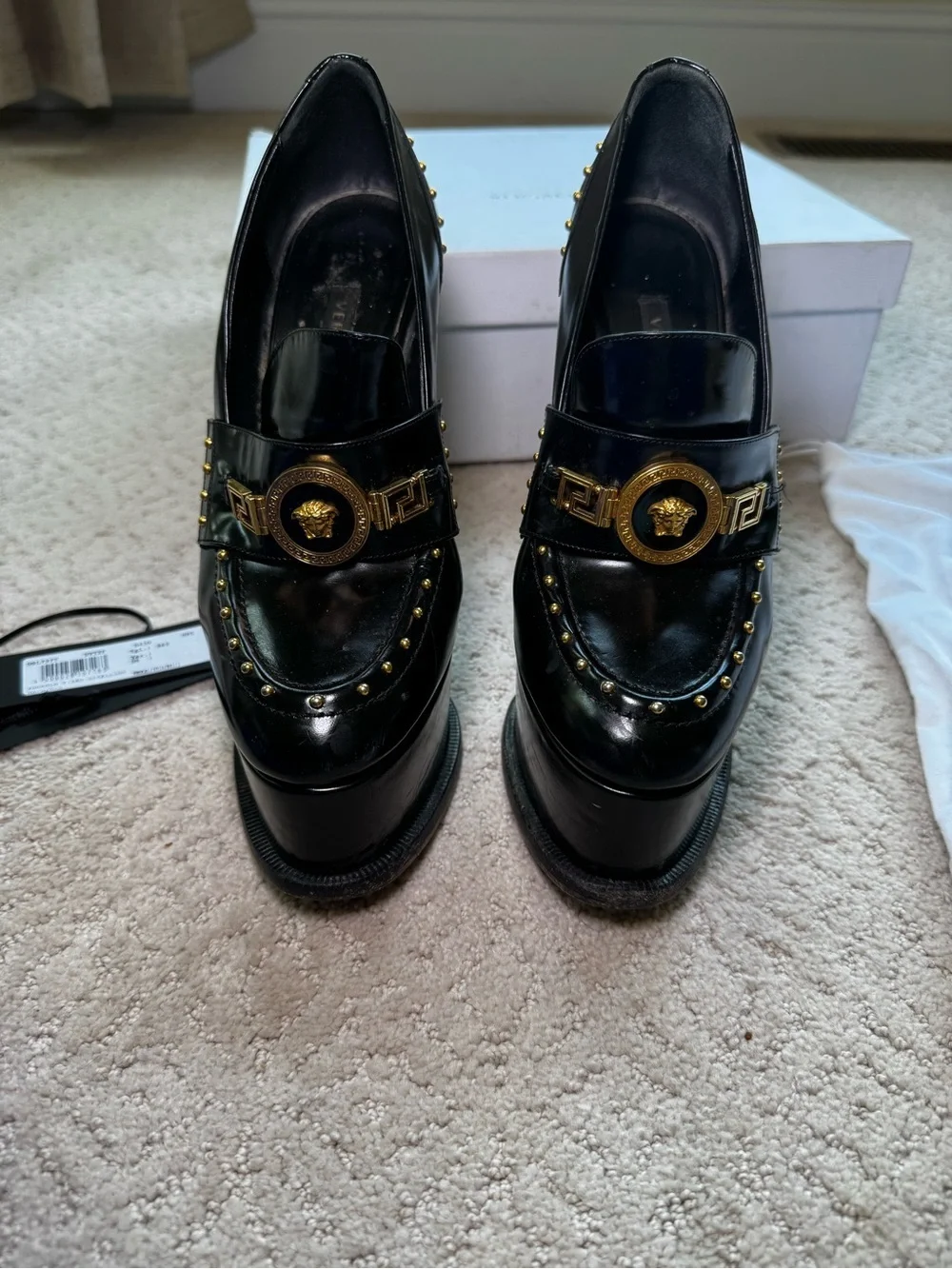 Versace Black Platform Gold Studded Loafer Platform Heels with Medallion